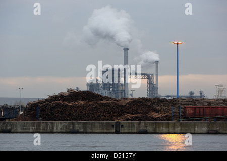 Wismar, Allemagne, de fumer les cheminées de l'usine industrielle Klausner Nordic Timber Banque D'Images