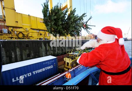 Santa Claus Hans-Heinrich Pehmoeller jette un arbre de Noël vers un autre navire au port de Hambourg, Allemagne, 09 décembre 2010. Pehmoeller donne loin 50 arbres de Noël aux navires dans le port, de sorte que les marins peuvent bien fêter Noël en mer. Photo : Maurizio Gambarini Banque D'Images