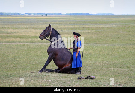 Exposition de chevaux de gulyas (bergers traditionnels / cow-boys) à cheval de chevaux hongrois. Parc national de Hortobágy, Hongrie Banque D'Images