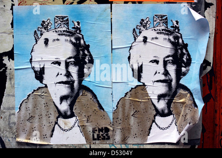 Street art par d'interminables avec la reine à Shoreditch, London Banque D'Images