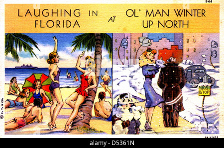 Une image humoristique capturant la joie de rire en Floride tout en se moquant du rude hiver dans le Nord. La photo reflète le contraste entre la chaleur de la Floride et le froid du Nord pendant la Journée mondiale du rire. Banque D'Images