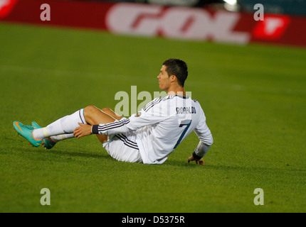 Joueur de football du Real Madrid Cristiano Ronaldo réagit à l'occasion d'un match Banque D'Images