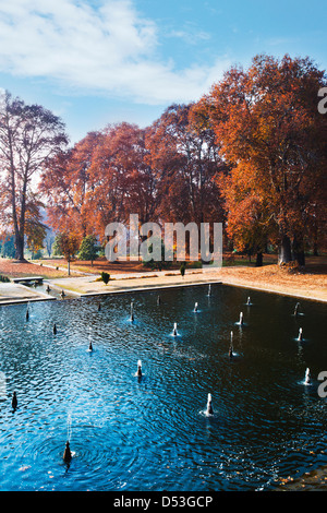 Fontaine dans un jardin, Nishat Bagh, Srinagar, Jammu-et-Cachemire, l'Inde Banque D'Images