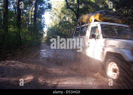 Backpackers d'une Jeep à travers les flaques boueuses, sur Fraser Island, Queensland, Australie Banque D'Images