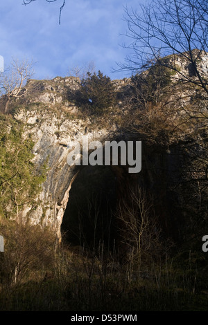 La Reynard Cace naturla arche calcaire près des rives de la rivière Dove Dovedale Derbyshire Peak District Banque D'Images