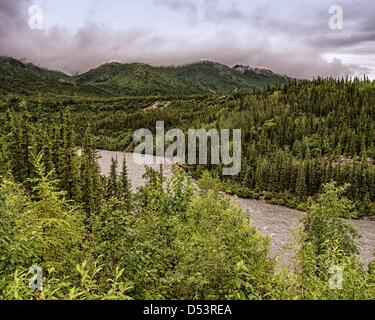 26 juin 2012 - L'Arrondissement de Denali, Alaska, États-Unis - la rivière Nenana, rivière d'eau vive les plus populaires en Alaska, forme la limite est du parc national de Denali avec la chaîne de l'Alaska à la hausse dans la distance. (Crédit Image : © Arnold Drapkin/ZUMAPRESS.com) Banque D'Images