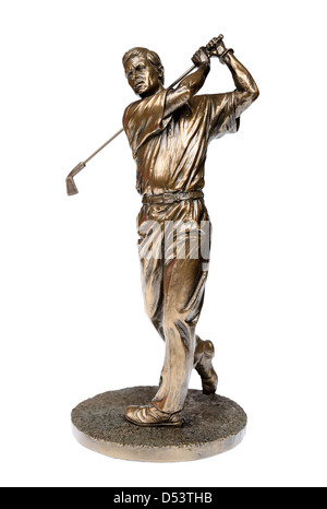 Statue golfeur Bronze isolé sur blanc avec chemin de détourage. Banque D'Images