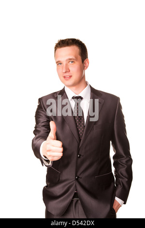 Happy smiling businessman with Thumbs up geste, isolé sur fond blanc Banque D'Images