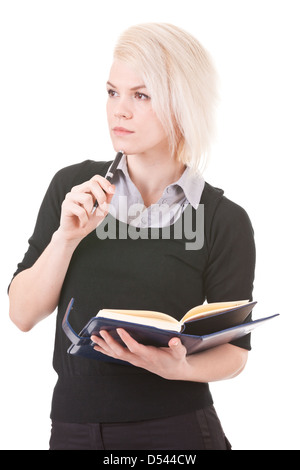 Jeune femme avec un bloc-notes et stylo sur fond blanc Banque D'Images