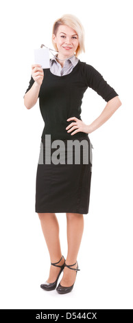 Jeune femme d'affaires réussie montre son badge Banque D'Images