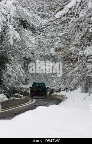 Llangollen, Wales, UK. 24 mars 2013.Les véhicules négocier des arbres tombés sur la route A5. La neige est 80cms de profondeur dans des endroits à Llangollen et beaucoup de visiteurs pris au piège le vendredi soir, lorsque le poids de la neige ont rendu les routes impraticables, maintenant faire une tentative de creuser leurs voitures et rentrer chez eux. Les sections locales également essayer d'obtenir leurs véhicules libres pour travailler demain. La neige continue de tomber, mais moins fortement et les températures restent sous zéro. Crédit photo : Graham M. Lawrence/Alamy Live News. Banque D'Images