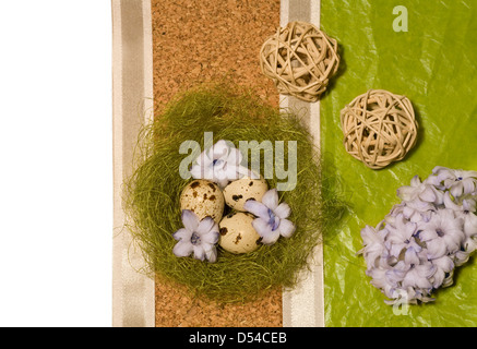 Oeufs de Pâques en nid, et Jacinthe bleu balle en bois Banque D'Images