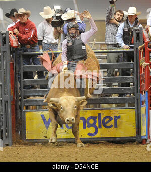 Fort Mohave, Arizona, USA. Le 24 mars 2013. L'érythroblastopénie Xtreme bull rider Cooper Davis de Jasper, au Texas rides Pause Café au score du 85 au cours de la Classique Taureaux Fort Mohave Xtreme tour rodeo à Mohave Crossing Event Center à Fort Mohave, AZ Crédit : Cal Sport Media / Alamy Live News Banque D'Images