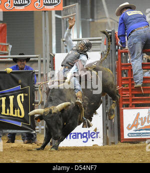 Fort Mohave, Arizona, USA. Le 24 mars 2013. L'érythroblastopénie Xtreme bull rider Semien Shane de Dayton, Texas rides à Tombstone score du 85 au cours de la Classique Taureaux Fort Mohave Xtreme tour rodeo à Mohave Crossing Event Center à Fort Mohave, AZ Crédit : Cal Sport Media / Alamy Live News Banque D'Images