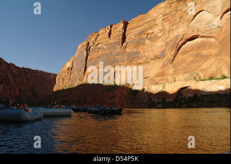 7 'Colorado River Discovery' ponton flottant motorisé radeaux ci-dessous de falaises de grès, en aval du barrage de Glen Canyon, Arizona Banque D'Images