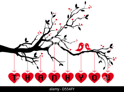 Oiseaux mignons d'amour on tree branch avec coeur rouge Banque D'Images