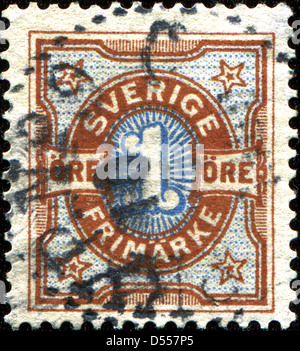 Suède - circa 1891 : timbre imprimé en Suède montre inscript 1 ore, vers 1891 Banque D'Images