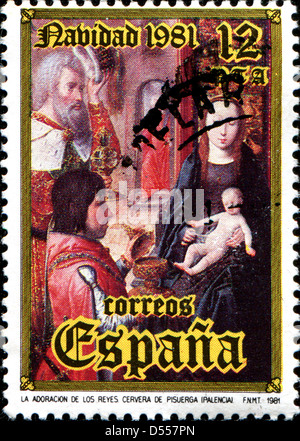 Espagne - circa 1981 : timbre imprimé en Espagne montre l'Adoration des Rois, Cervera de Pisuerga, Palencia, Noël, vers 1981 Banque D'Images