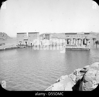 Le temple de Philae, situé près d'Assouan en Égypte, est un site archéologique important dédié à la déesse Isis. La photographie capture les colonnes majestueuses du temple, les palmiers et l’eau environnante, un monument important dans l’histoire égyptienne. Banque D'Images