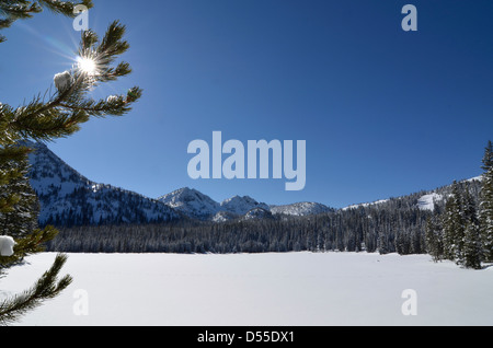 Anthony Lake, en hiver, au nord-est des montagnes de cornes de l'Oregon. Banque D'Images