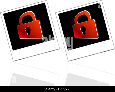 Ensemble de photos vide et cadenas rouge sur fond blanc abstrait Banque D'Images