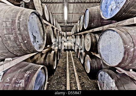 Barils de whisky stocké dans le Ben Nevis distillery warehouse alignés et empilés Banque D'Images