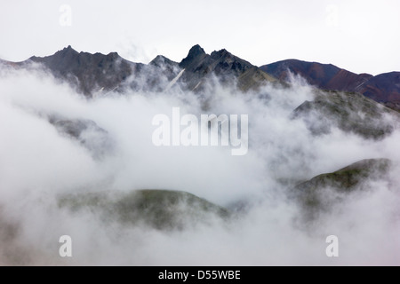 Les nuages bas, la brume et le brouillard obscur partiellement la chaîne de l'Alaska, Denali National Park, Alaska, USA Banque D'Images