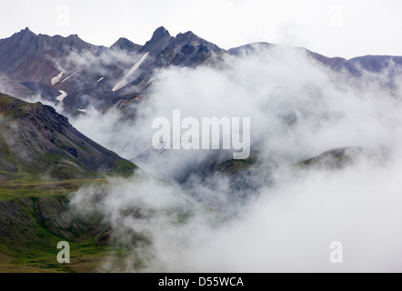 Les nuages bas, la brume et le brouillard obscur partiellement la chaîne de l'Alaska, Denali National Park, Alaska, USA Banque D'Images