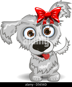 Illustration, un joyeux petit chien avec un arc rouge Banque D'Images