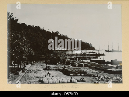 Une photographie prise en 1902 montrant les conséquences de l'éruption du Mt. Pelée en Martinique, avec un focus sur la place Bertin. L'éruption a provoqué une destruction généralisée, et cette image capture la scène de dévastation. Banque D'Images