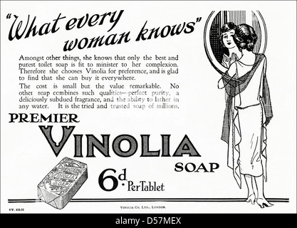 Publicité Publicité Vinolia du savon. L'ère des années 1920 vintage publicité imprimer à partir de la revue anglaise. Banque D'Images