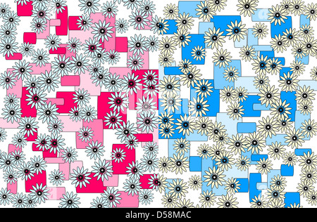 Design moderne classique abstrait avec motifs floraux et géométriques en rose bleu et gris sur fond blanc Uni , adapté aux fonds d'écran floraux. Banque D'Images