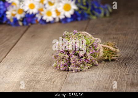 Bouquet de thym herb sur la table en chêne Banque D'Images