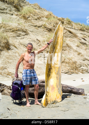 Un homme se distingue par le crâne d'un en décomposition (probable) petit rorqual de l'Antarctique (Balaenoptera bonaerensis) trouvés sur la plage Banque D'Images