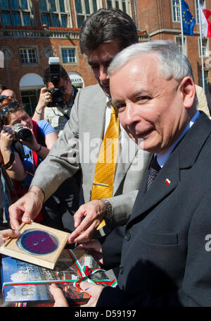 Frankfurt Oder Maire Martin Wilke (L) montre l'inondation de la rivière Oder à Jaroslaw Kaczynski (R), leader de la Pologne, Droit et Justice (PiS) et candidiate pour président polonais, à Frankfurt Oder, Allemagne, 05 juin 2010. M. Kaczynski a visité les villes de la frontière germano-polonaise Frankfurt Oder et Slubice. Photo : PATRICK PLEUL Banque D'Images