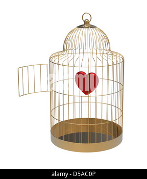 Cage à oiseaux avec coeur, isolé sur blanc, 3D render Banque D'Images