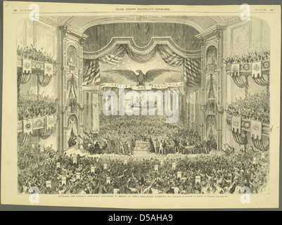 Photographie promotionnelle de la Convention nationale démocrate de 1860 tenue à Baltimore, Maryland. L'image comprend des drapeaux américains et des bannières politiques, montrant l'importance de l'événement dans la politique américaine. Banque D'Images
