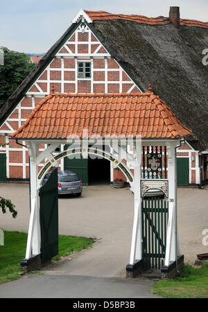 Une porte richement ornée accueille le visiteur dans Jork, Allemagne, 03 août 2010. En raison de la destruction de la DEUXIÈME GUERRE MONDIALE, il n'y a que 14 portes traditionnelles telles la gauche dans la région de l'Altes Land de Basse-Saxe. Photo : Ingo Wagner Banque D'Images