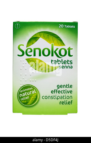 Une boîte de comprimés Senokot pour le soulagement de constipation sur fond blanc Banque D'Images