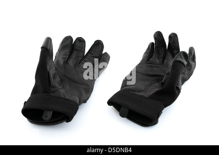 Gants de frappeur de baseball en cuir noir sur fond blanc. Banque D'Images
