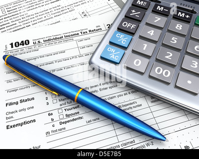 Déclaration de revenus 1040, la calculatrice et crayon sur fond blanc. 3d Banque D'Images