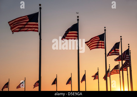 Drapeaux autour de la base du Monument de Washington au coucher du soleil Banque D'Images