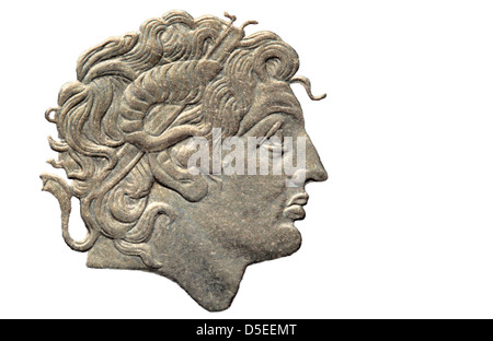 Portrait d'Alexandre le Grand à partir de 100 drachmes de monnaie, Grèce, 1994, sur fond blanc Banque D'Images