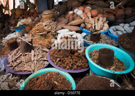 Divers médicaments traditionnels, y compris l'écorce des arbres, dans le marché du bois, Accra, Ghana. Banque D'Images