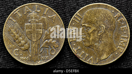 10 Centesimi coin, le roi Victor-Emmanuel III, l'Italie, 1941 Banque D'Images