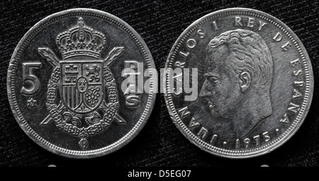 Pièce de 5 pesetas, le Roi Juan Carlos I, Espagne, 1975 Banque D'Images