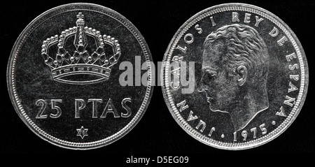 Pièce de 25 pesetas, le Roi Juan Carlos I, Espagne, 1975 Banque D'Images