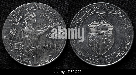 1 Dinar coin, Tunisie, 2009 Banque D'Images