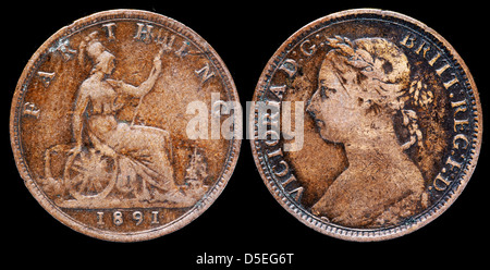 1 Farthing (1/4 penny) coin, la reine Victoria, UK, 1891 Banque D'Images