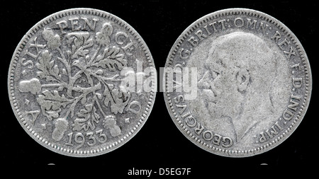 6 pence pièce d'argent, le Roi George V, UK, 1933 Banque D'Images